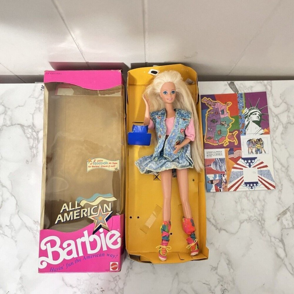 Vintage 1990All American Blonde Barbie Doll Denim Mattel Reebok Shoes Incomplete